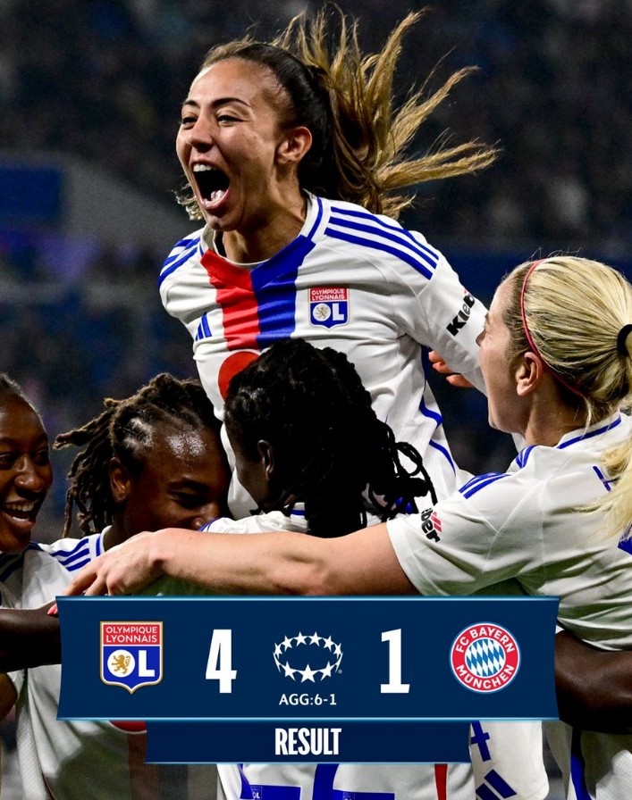里昂女足4-1大勝拜仁女足，總比分6-1晉級女足歐冠半決賽